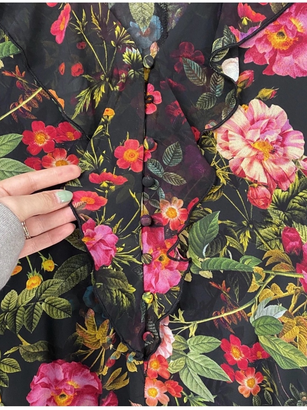 Floral Black Long Sleeve Ruffle Wrap Dress - Picture 6 of 13